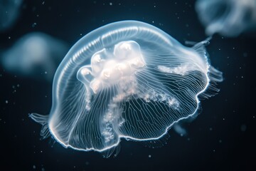 Obraz premium A translucent jellyfish gracefully floats in the dark ocean depths, its intricate bell and tentacles illuminated.