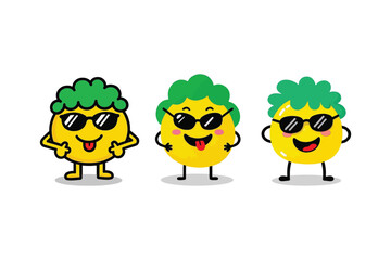 Obraz premium Cool Citrus Trio: Sunglasses-Wearing Yellow Characters with Green Hair, Playful Vector Illustration on White Background, Fun Fruit Art Design.