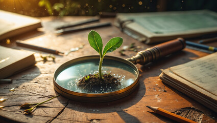 Sprout Growing In Magnifying Glass On Wooden Desk With Books And Pencils
