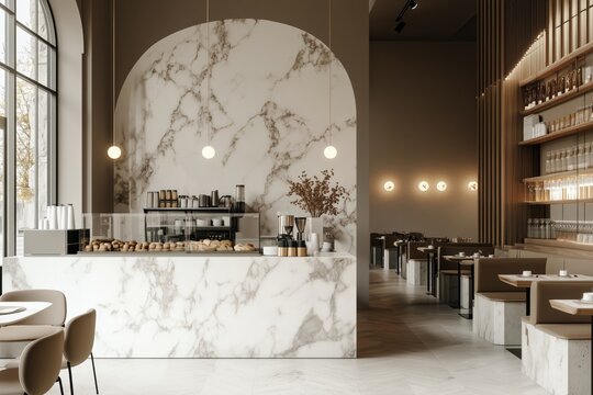 A luxurious modern cafe with a marble cooking island, cozy seating areas, and a clean mockup wall - Powered by Adobe