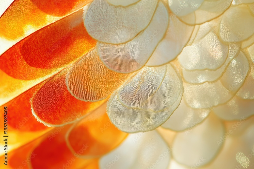 Poster close-up of translucent, overlapping scales in warm orange and cream tones, creating a layered, text