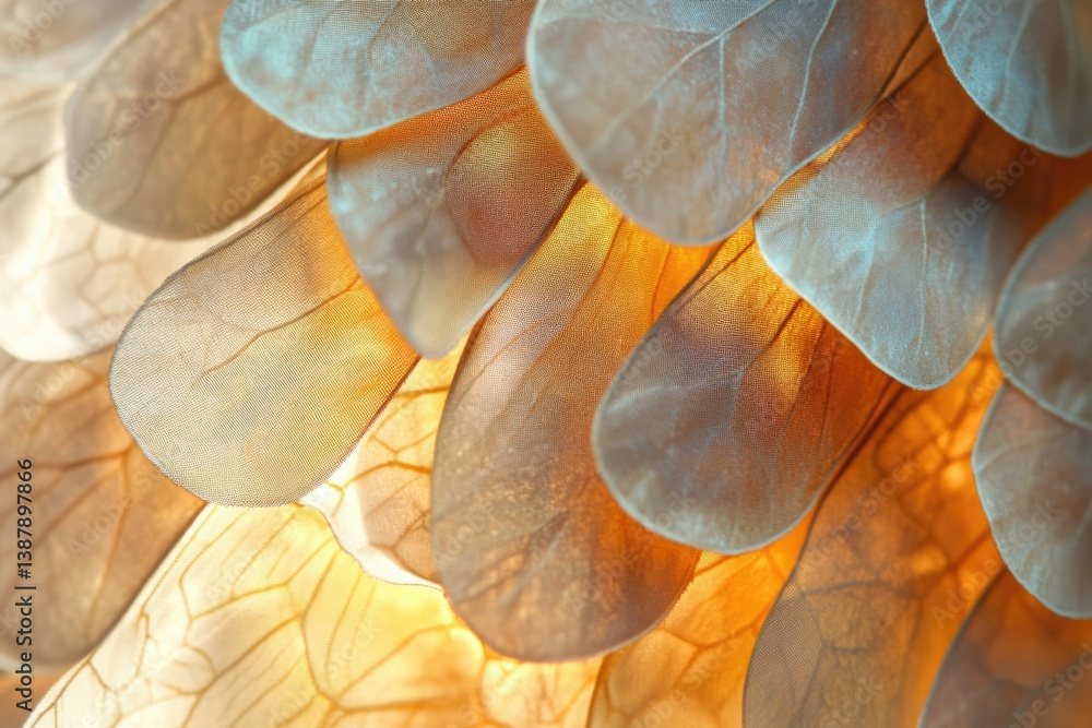 Poster intricate, translucent wings overlap, creating a delicate, ethereal texture with warm and cool tones