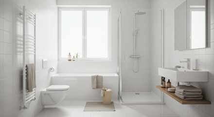 Bright and airy bathroom showcases a sleek design with white tiles, a spacious walk-in shower, and a soaking tub by the window, creating a serene atmosphere