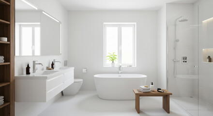 Fototapeta premium This bright and airy bathroom showcases a modern minimalist design with a freestanding tub, spacious shower, and natural light pouring in from large windows