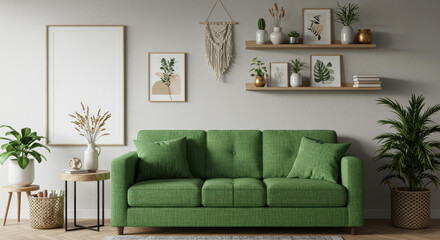 A stylish living room showcases a vibrant green sofa accented by decorative pillows. Stylish plants and minimalist decor add a fresh and calming vibe, enhancing the contemporary space