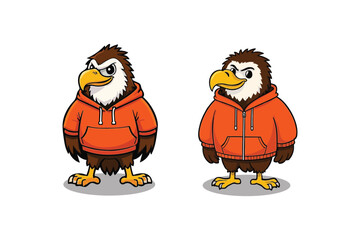 Fototapeta premium Hooded Eagle Duo: Cartoon Birds with Orange Apparel, Standing Adorably on White, Vector Illustration with Playful Design.
