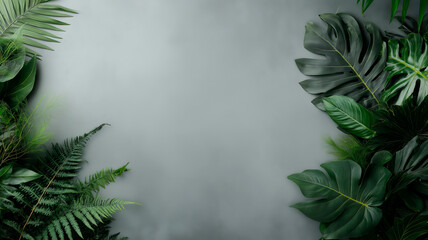 Minimalist composition with green tropical leaves on the edges on a soft grey-green background. The center of the image is left empty, creating a sense of space, calm and harmony with nature.