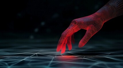 Futuristic Red Wireframe Hand Reaching Towards Digital Network Surface