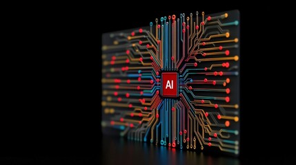 Abstract Circuit Board with AI Chip and Colorful Energy Lines