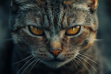 Obraz premium Close-up portrait of an angry ginger cat staring intensely, perfect for pet expressions or animal attitude themes.