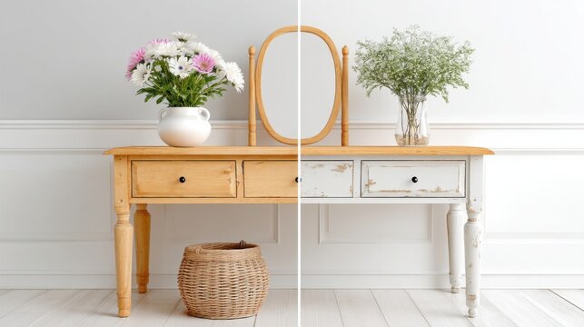 Wooden table before and after restoration showing flowers, mirror and wicker basket