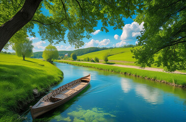 The scene captures a classic wooden boat resting on the water, surrounding a tranquil river bordered by lush green hills and vibrant trees.