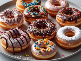 A delightful assortment of freshly baked donuts, each uniquely decorated with colorful sprinkles, rich chocolate ganache, and powdered sugar, creating a tempting array of sweet treats.