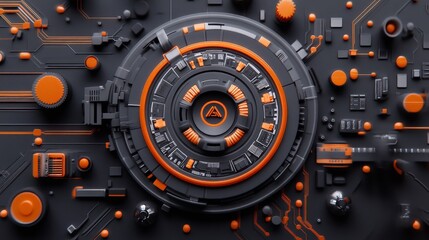 Abstract Technology Background with Orange and Black Patterns