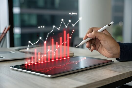 Red Digital Financial Graph on Tablet with Stylus for Market Analysis