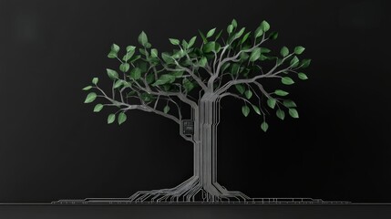 Digital Tree with Circuit Board Roots and Lush Green Leaves