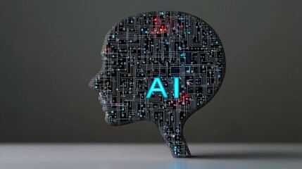 Futuristic Head Silhouette with AI Circuitry and Digital Design
