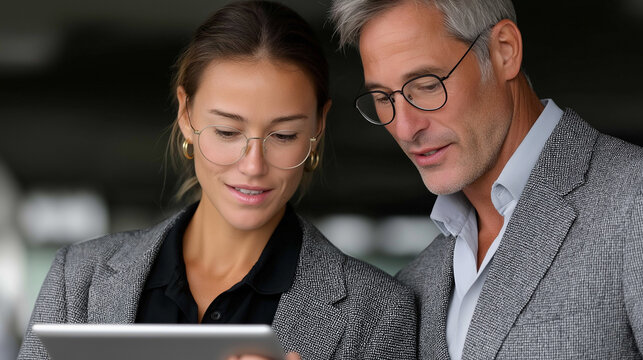 Asian and Latino executives smiling while studying market analytics on shared device, diverse business team, Asian professional, Latin colleague, financial data analysis, corporate meeting, digital - Powered by Adobe