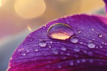 A large water droplet rests on a vibrant purple petal, glistening in the soft sunlight.