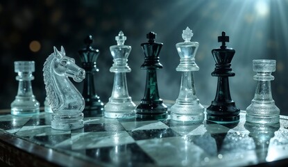 A luxury chess set with crystal and onyx pieces floating slightly above the board.
