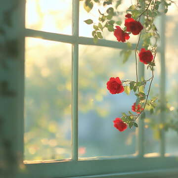  vibrant red roses around a window,