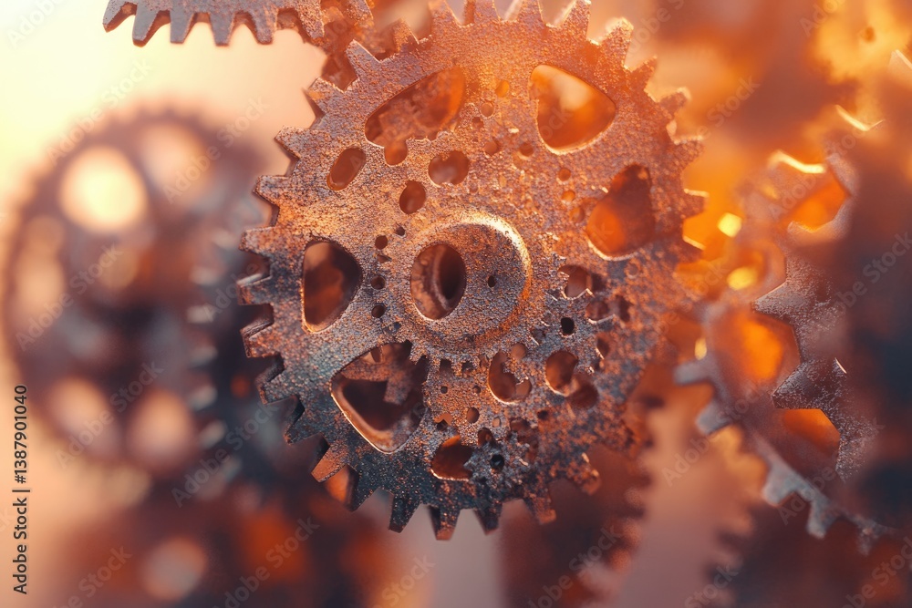 Poster rusty gears interlock, a mesmerizing display of intricate mechanical engineering and vintage industr