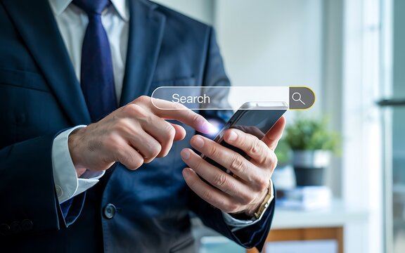 Businessman in Suit Holding Smartphone in Office Setting with Search Bar Interface and Digital Technology, Modern Professional Environment, Blue Tones, Close-up Shot