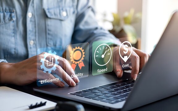 Modern Business Concept Image Close-up of Person Typing on Laptop with Digital Interface Icons for Efficiency, Quality, Speed, and Cost in Professional Tech Workspace
