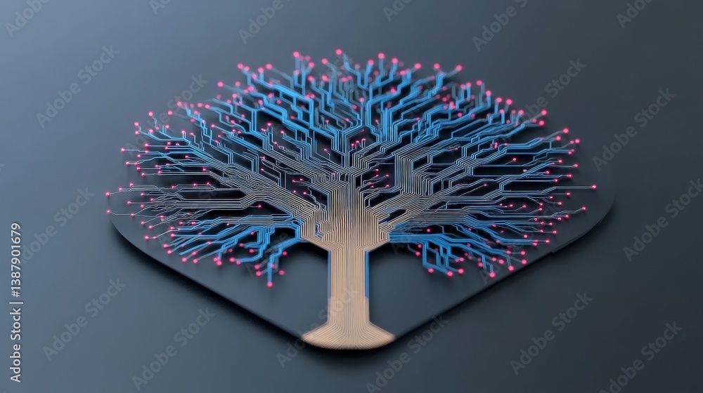 Poster digital tree with circuit design depicting technology and nature