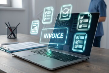 Digital Invoice Concept on Laptop Screen in Modern Office Workspace