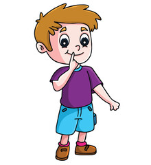 Cute cartoon hand drawn vector young boy with finger on lips making the silence clipart .