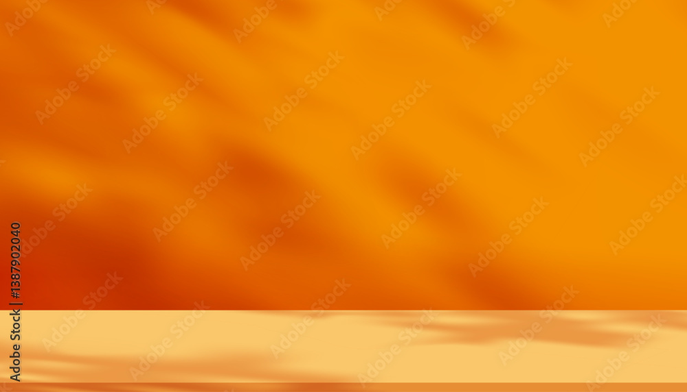 Poster light and shadow leaf on orange background.vector mockup 3d podium with natural abstract sunbeams,fo