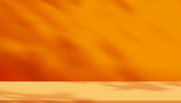 Light and shadow leaf on orange background.Vector mockup 3d podium with natural abstract sunbeams,foliage overlay on yellow floor for Autumn,Fall season