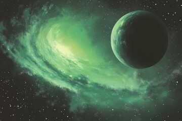 Obraz premium A distant planet floats among swirling cosmic nebulas and starlight