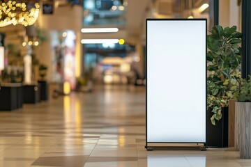 blank empty roll up mockup poster stand in an shopping center or mall environment at restaurant or cafe entrance as wide banner design with blank empty copy space