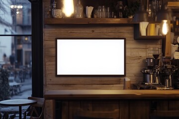 Blank mock up for menu board display screen, for restaurant cafe food business. Warm cozy atmosphere