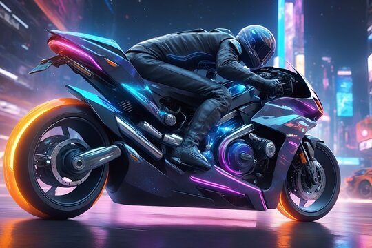 futuristic fast speed tron style motorcycle in digital cybernetic galactic galaxy metaverse neon city