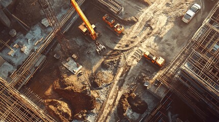 Obraz premium Aerial View of Construction Site Heavy Machinery Excavators and Building Foundation