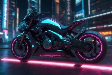 futuristic fast speed tron style motorcycle in digital cybernetic galactic galaxy metaverse neon city