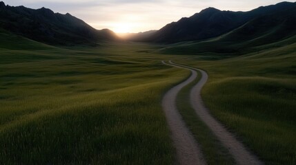Sunrise over a winding dirt road through a grassy valley.  A tranquil, scenic landscape of rolling hills and a pathway leading towards the horizon.  Golden light bathes the scene as the sun rises