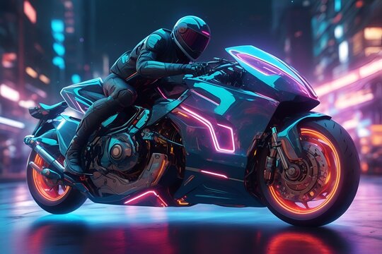 futuristic fast speed tron style motorcycle in digital cybernetic galactic galaxy metaverse neon city