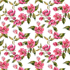 Watercolor seamless pattern apple tree branch with blooming pink flowers, green leaves, and buds. Hand painted botanical set for invitations, cards, spring designs, packaging, textile, wrapping paper