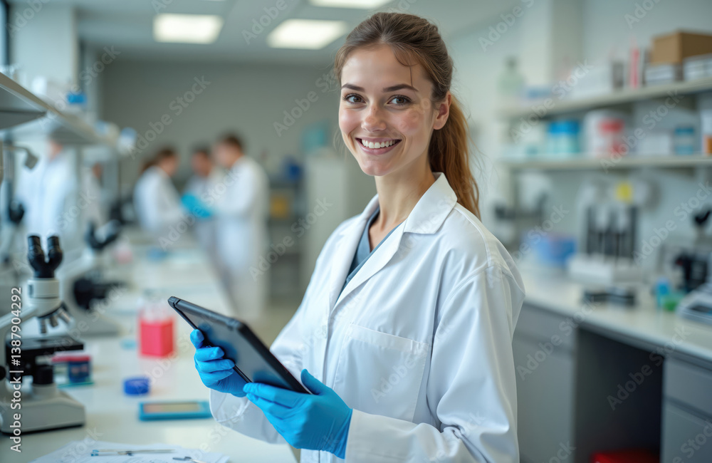 Aufkleber female scientist in lab coat using tablet. woman doctor in science lab with tablet. research results
