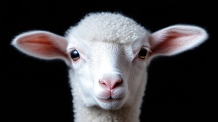 Close-up portrait of a fluffy white lamb.  A young lamb's head and neck are centered against a black background. The soft white fleece contrasts beautifully with the dark backdrop.  Large,