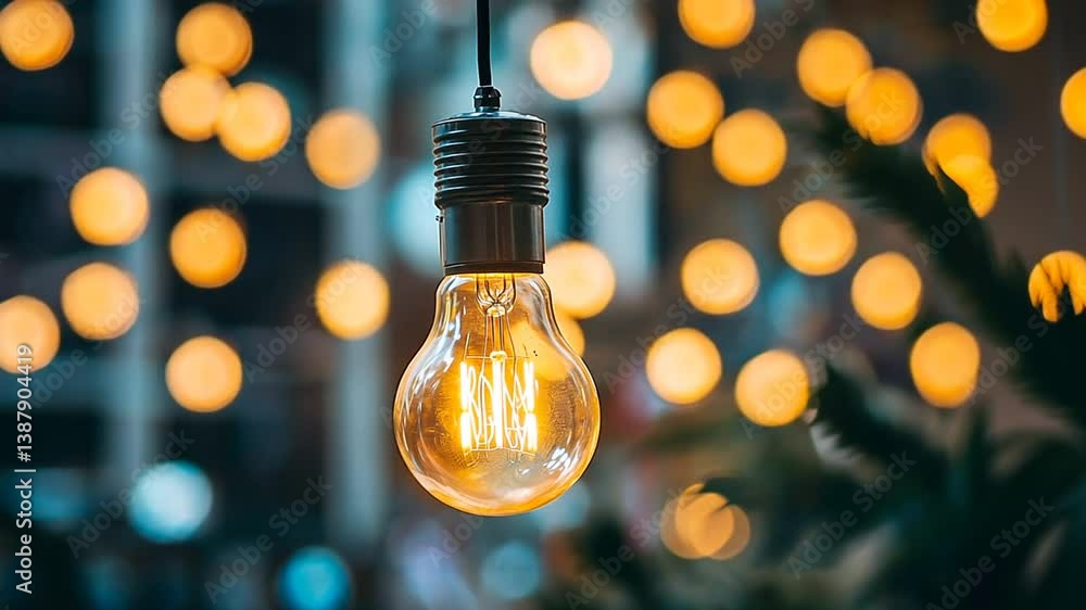 Poster glowing hanging light bulb against a softly blurred background generative ai