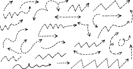 Set curved dotted hand-drawn arrows collection in zigzag style