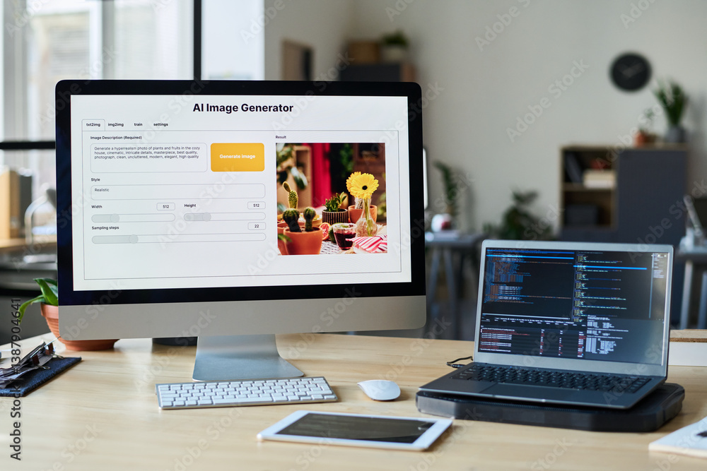 Aufkleber Desktop computer with image generator on screen standing next to laptop with coded data and tablet on employee workplace