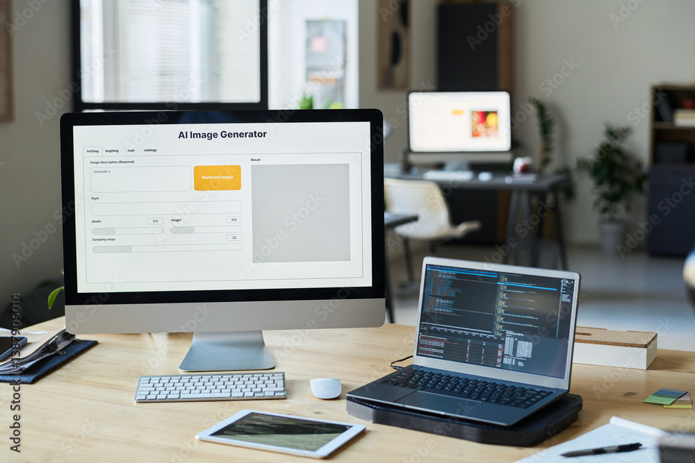 Leinwandbilder Workplace of modern designer or software developer with group of computing equipment in coworking space