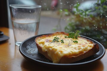 Close up of a cheese toast on a black plate with a glass of water in the background on a table