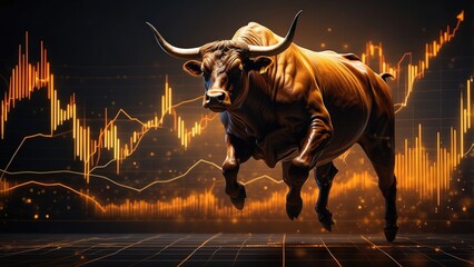A powerful bull with large horns is depicted mid-leap against a backdrop featuring a glowing orange upward-trending line and abstract financial charts.